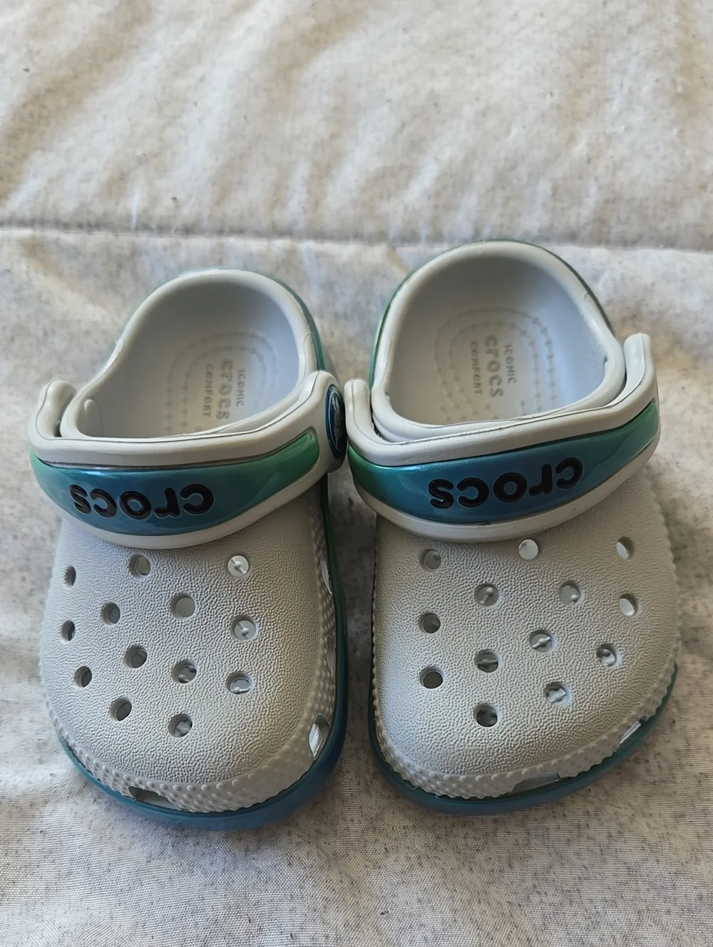 CROCS Kids White and Teal Slip-On Clogs